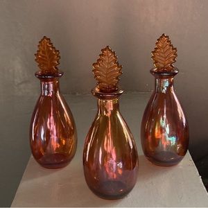 NWT Set of 3 Two Tone Iridescent Amber Decorative Glass Bottles w/ Leaf Tops 🍁